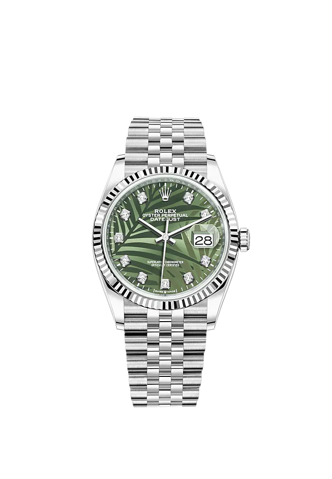 Datejust 36 36mm Oystersteel and White Gold Jubilee Bracelet Olive Green Palm-Motif Diamond-set Dial Fluted Bezel