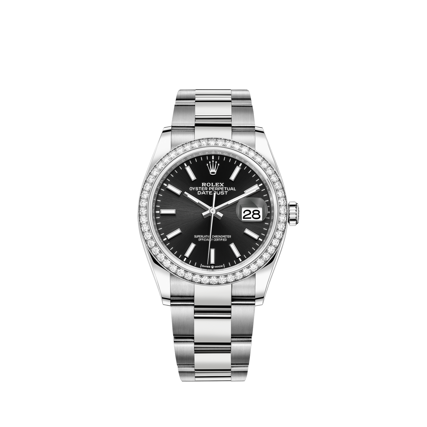 Datejust 36 36mm Oystersteel and White Gold Oyster Bracelet Bright Black Dial Diamond-set Bezel