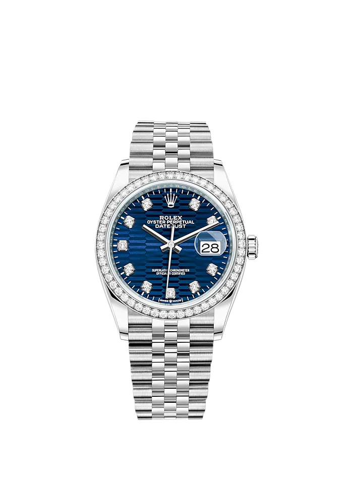 Datejust 36 36mm Oystersteel and White Gold Jubilee Bracelet Bright Blue Fluted-Motif Diamond-set Dial Diamond-set Bezel