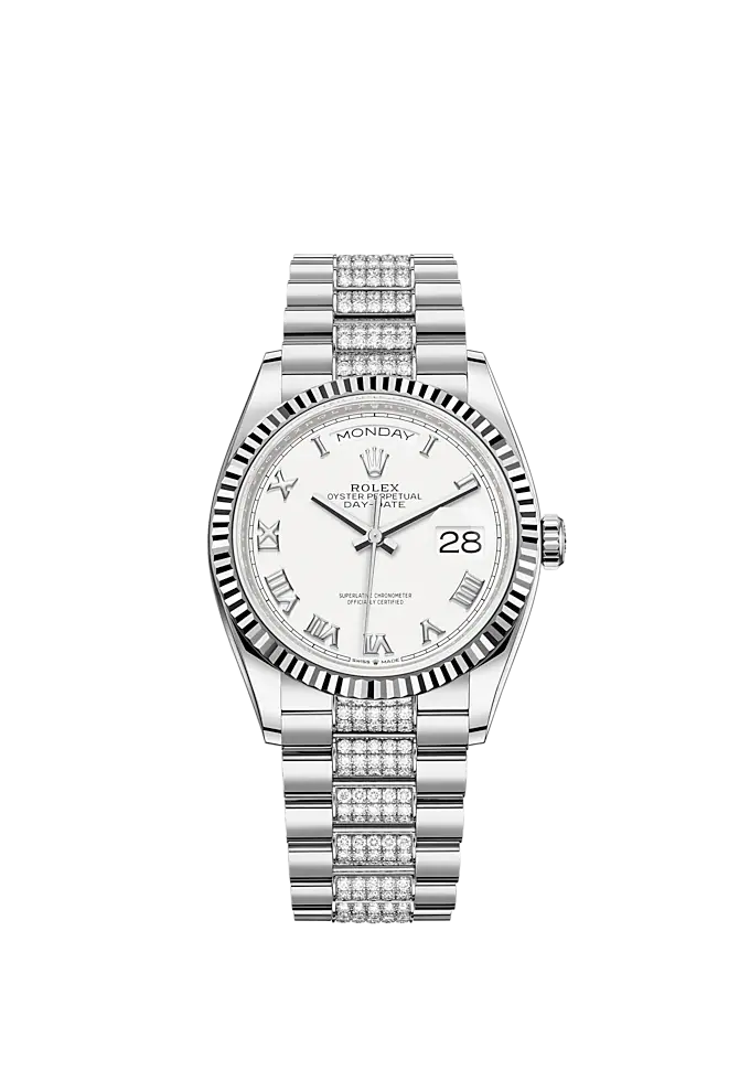 Day-Date 36 36mm President Bracelet and 18 KT White Gold with White Dial Fluted Bezel and Diamond-Set President Bracelet