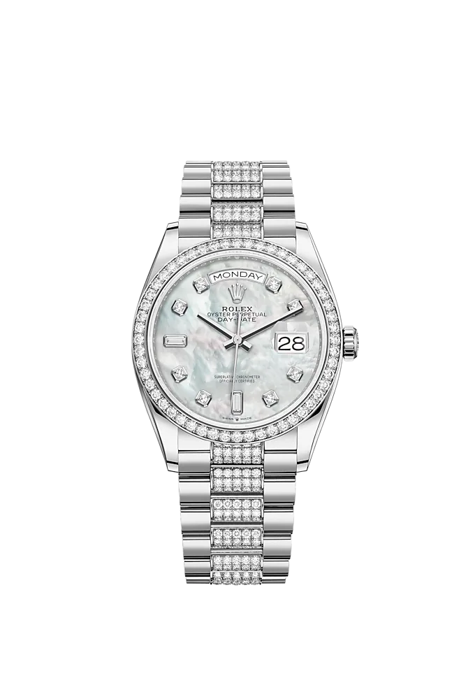 Day-Date 36 36mm President Bracelet and 18 KT White Gold with White Mother-of-Pearl Dial Diamond-Set Dial Diamond-Set Bezel