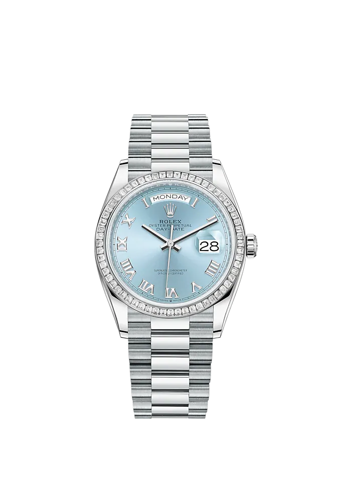 Day-Date 36 36mm President Bracelet and Platinum with Ice-Blue Roman Dial Diamond-Set Bezel