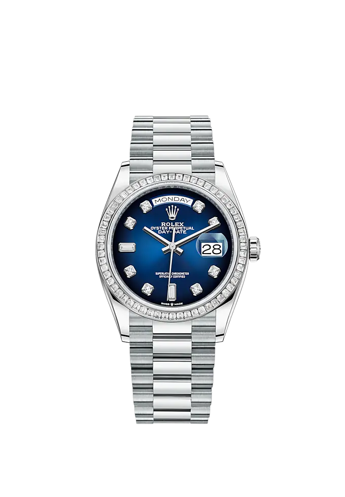 Day-Date 36 36mm President Bracelet and 18 KT White Gold with Blue Ombré Dial Diamond-Set Dial Diamond-Set Bezel