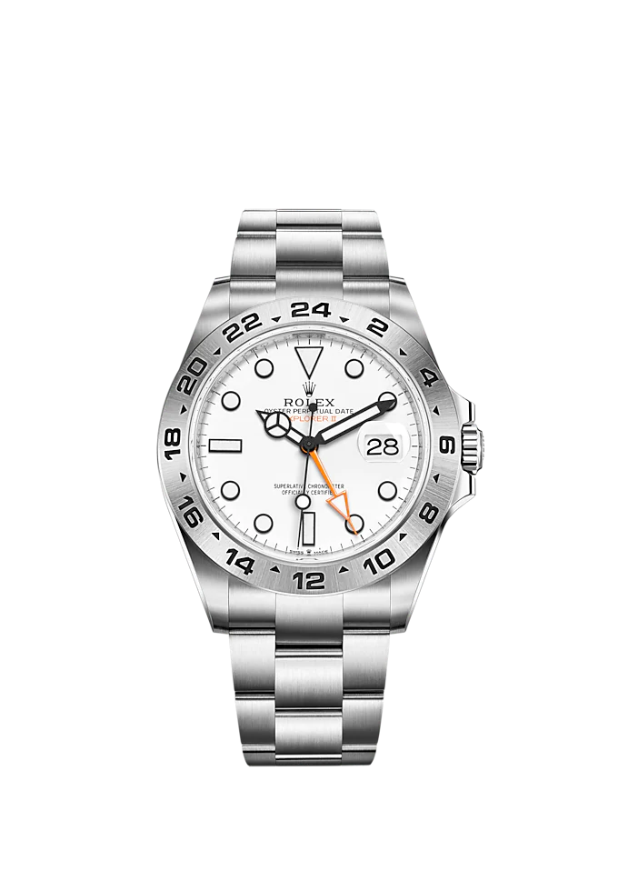 Explorer II 42mm Oyster Bracelet Oystersteel and Chromalight Display with White Dial Arrow-Shaped 24-Hour Bezel