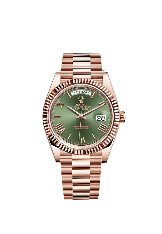 Day-Date 40 40mm President Bracelet and 18 KT Everose Gold with Olive Green Dial Fluted Bezel