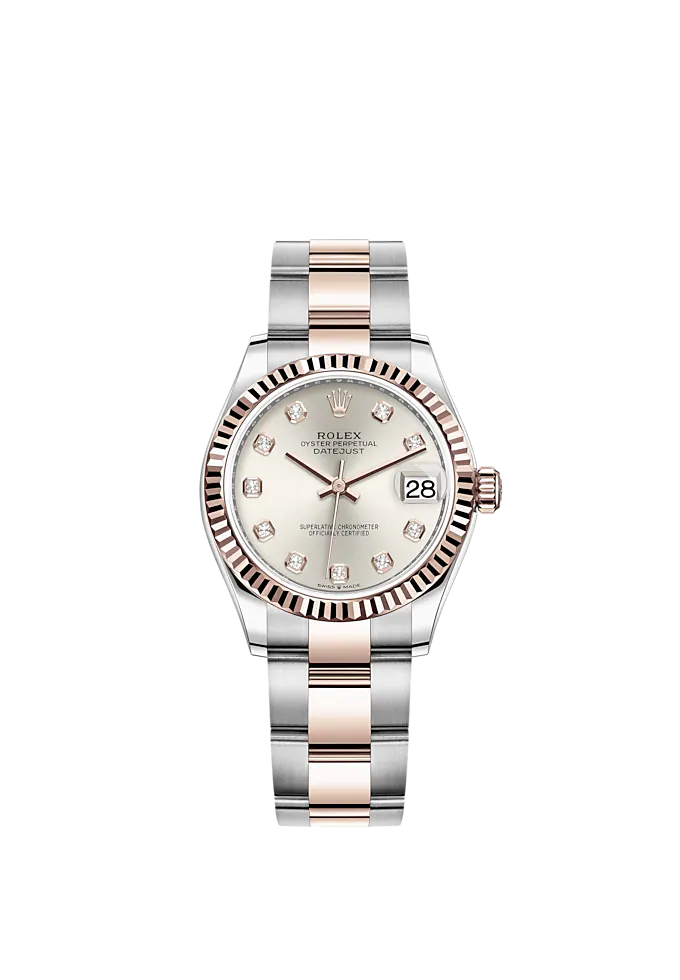 Datejust 31 31mm Oyster Bracelet Oystersteel and Everose Gold with Silver Diamond-Set Dial Fluted Bezel