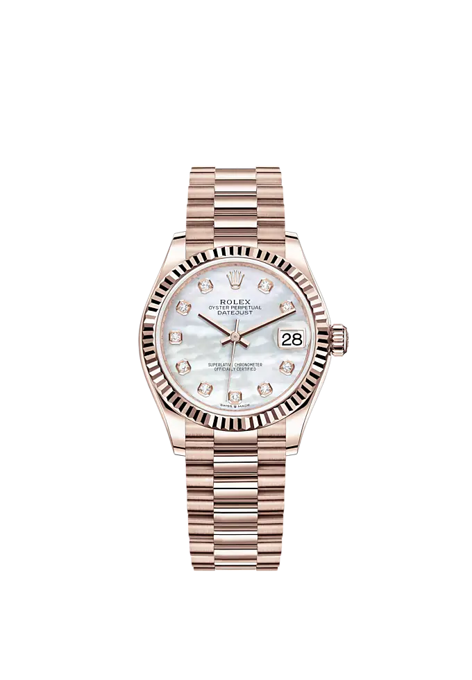 Datejust 31 31mm President Bracelet and 18 CT Everose Gold with White Mother-Of-Pearl Diamond-Set Fluted Bezel