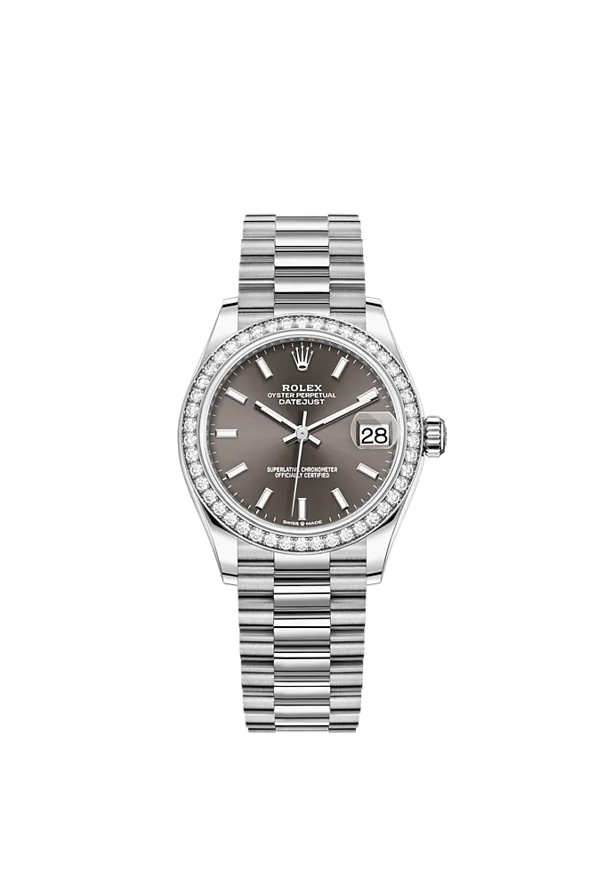 Datejust 31 31mm President Bracelet Oystersteel and White Gold with Dark Grey Dial Diamond-Set Bezel
