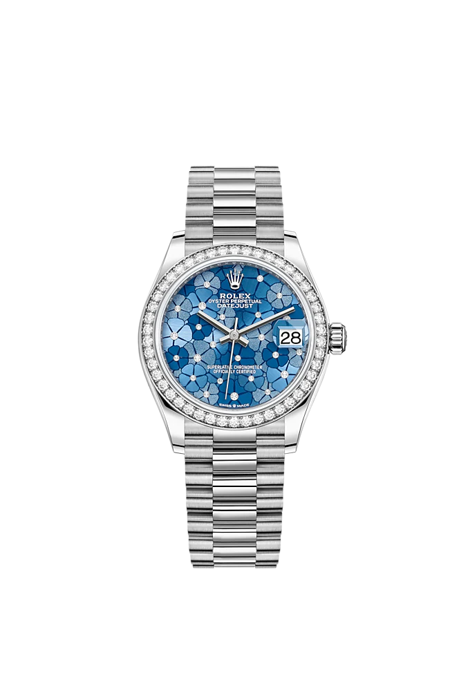 Datejust 31 31mm President Bracelet Oystersteel and White Gold with Azzurro-Blue Floral-Motif Diamond-Set Bezel