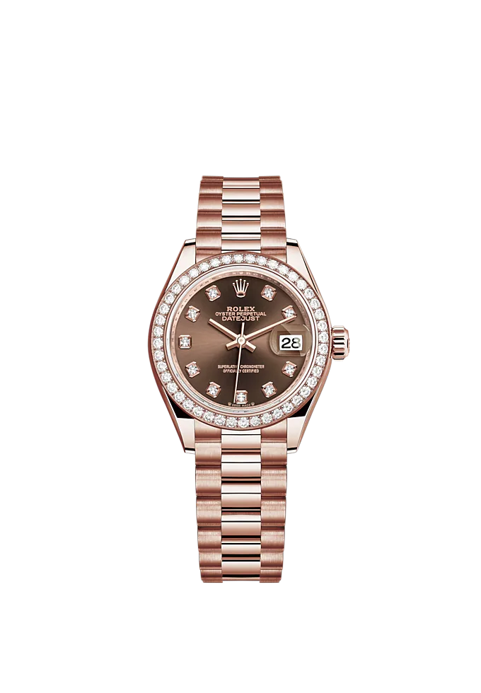 Lady-DateJust 28mm President Bracelet and 18 KT Everose Gold with Chocolate Dial Diamond-Set Dial and Diamond-Set Bezel