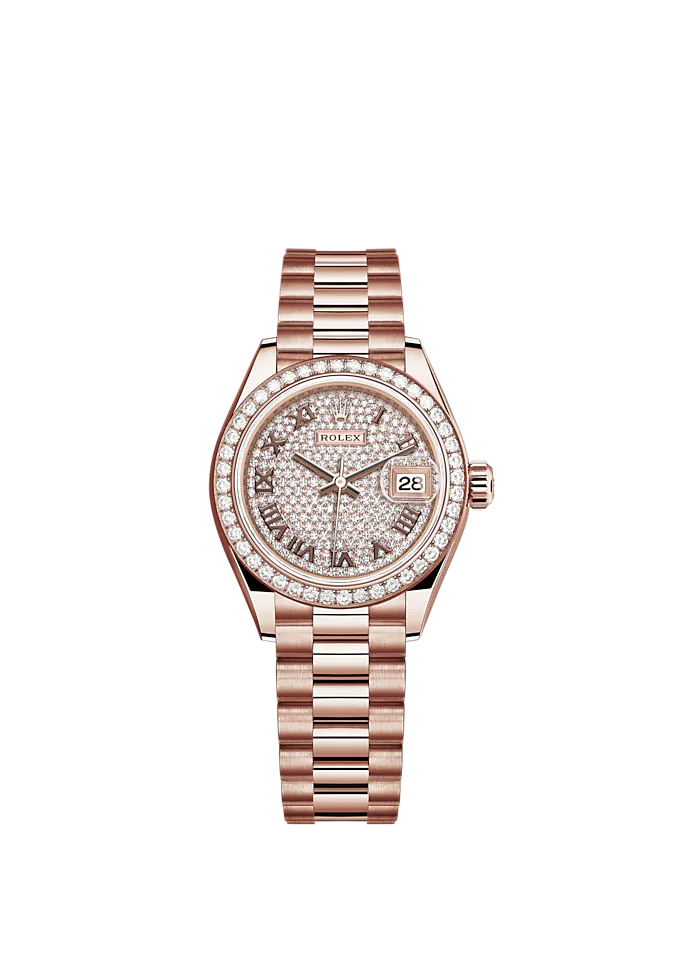 Lady-DateJust 28mm President Bracelet and 18 KT Everose Gold with Diamond-Paved Dial and Diamond-Set Bezel
