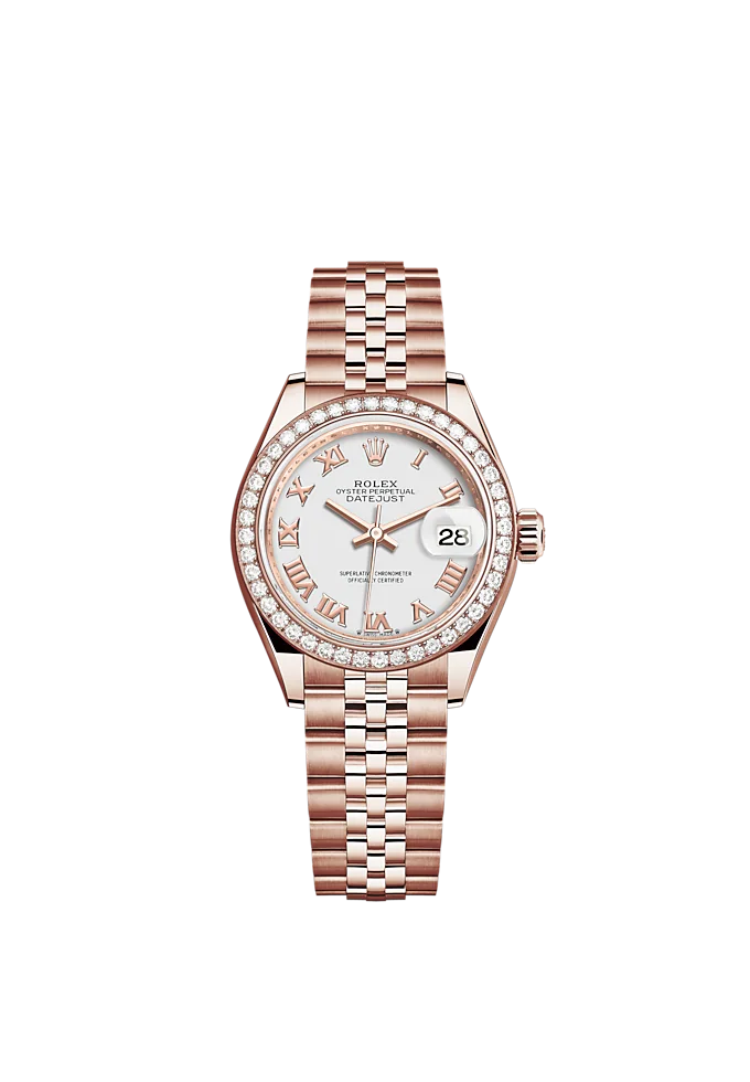 Lady-DateJust 28mm Jubilee Bracelet and 18 KT Everose Gold with White Dial Diamond-Set Bezel
