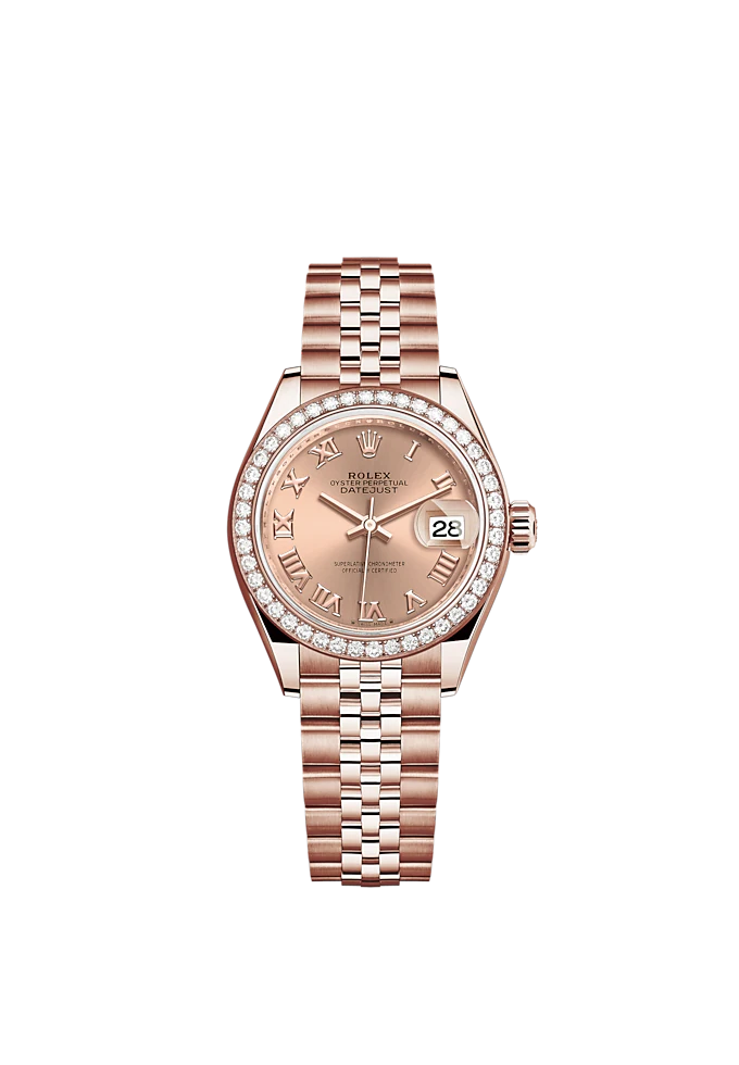 Lady-DateJust 28mm Jubilee Bracelet and 18 KT Everose Gold with Rosé-Colour Roman Dial Diamond-Set Bezel