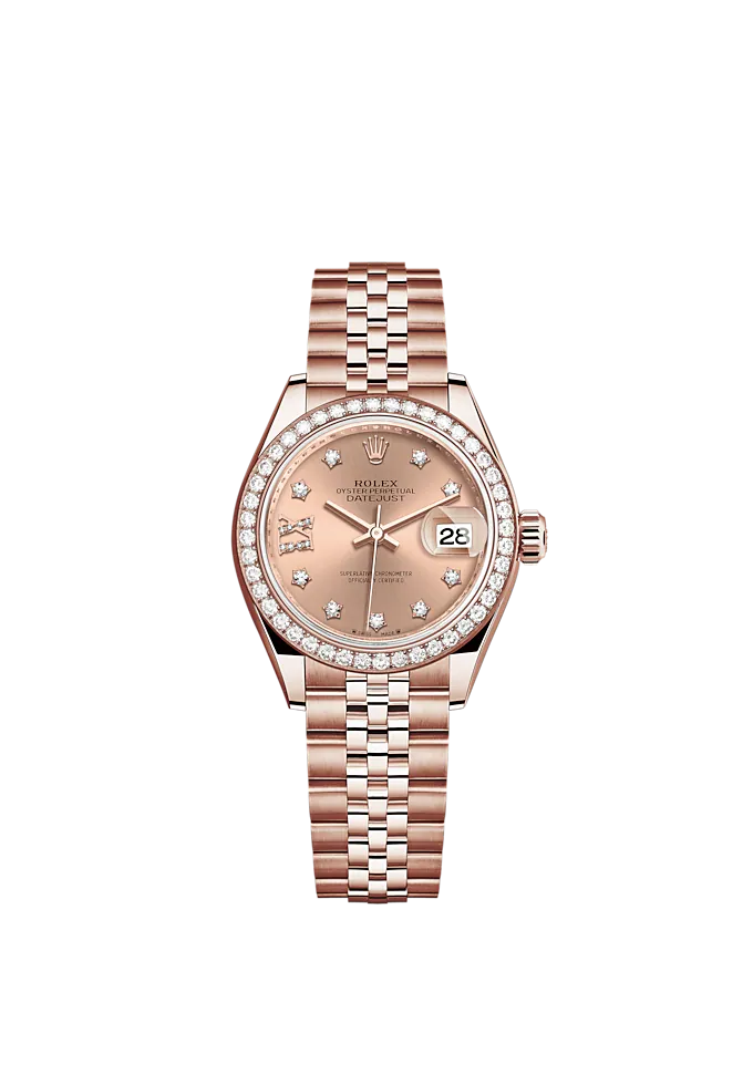 Lady-DateJust 28mm Jubilee Bracelet and 18 KT Everose Gold with Rosé-Colour Dial Diamond-Set Dial Diamond-Set Bezel