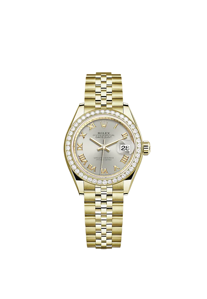 Lady-DateJust 28mm Jubilee Bracelet and 18 KT Yellow Gold with Silver Roman Dial Diamond-Set Bezel