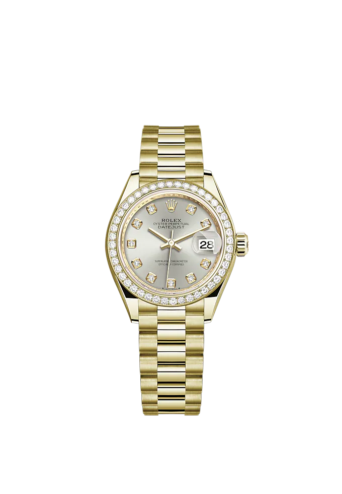Lady-DateJust 28mm President Bracelet and 18 KT Yellow Gold with Silver Dial Diamond-Set Dial Diamond-Set Bezel