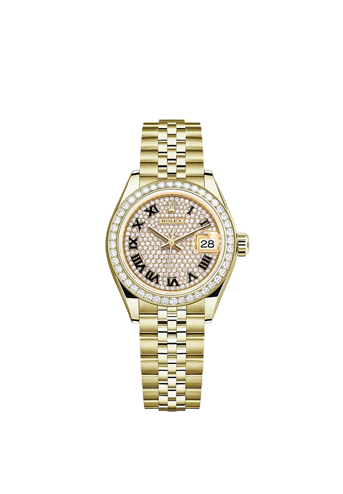 Lady-DateJust 28mm Jubilee Bracelet and 18 KT Yellow Gold with Diamond-Paved Dial Diamond-Set Bezel