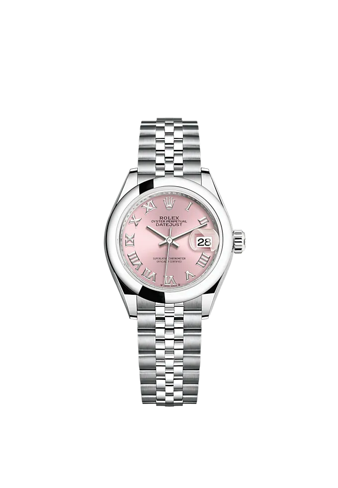Lady-DateJust 28mm Oystersteel Jubilee Bracelet and Pink Dial Domed Bezel