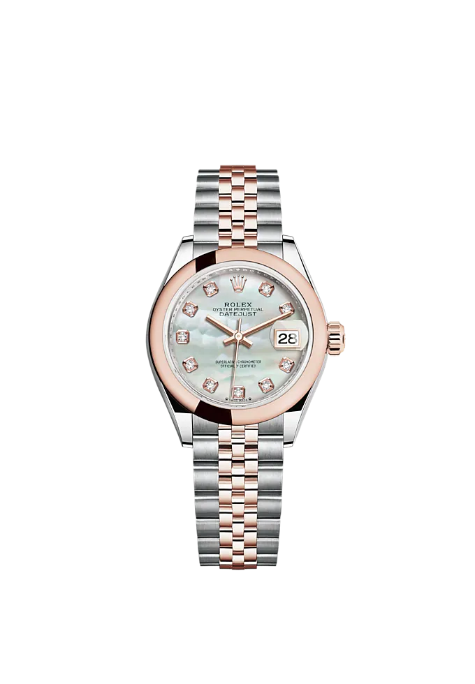 Lady-DateJust 28mm Oystersteel Jubilee Bracelet and Everose Gold with White Mother-of-Pearl Dial Diamond-Set Dial Domed Bezel