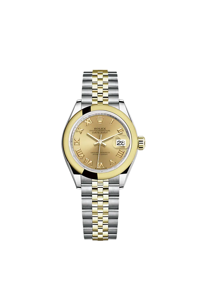 Lady-DateJust 28mm Oystersteel Jubilee Bracelet and Yellow Gold with Champagne-Colour Dial and Domed Bezel