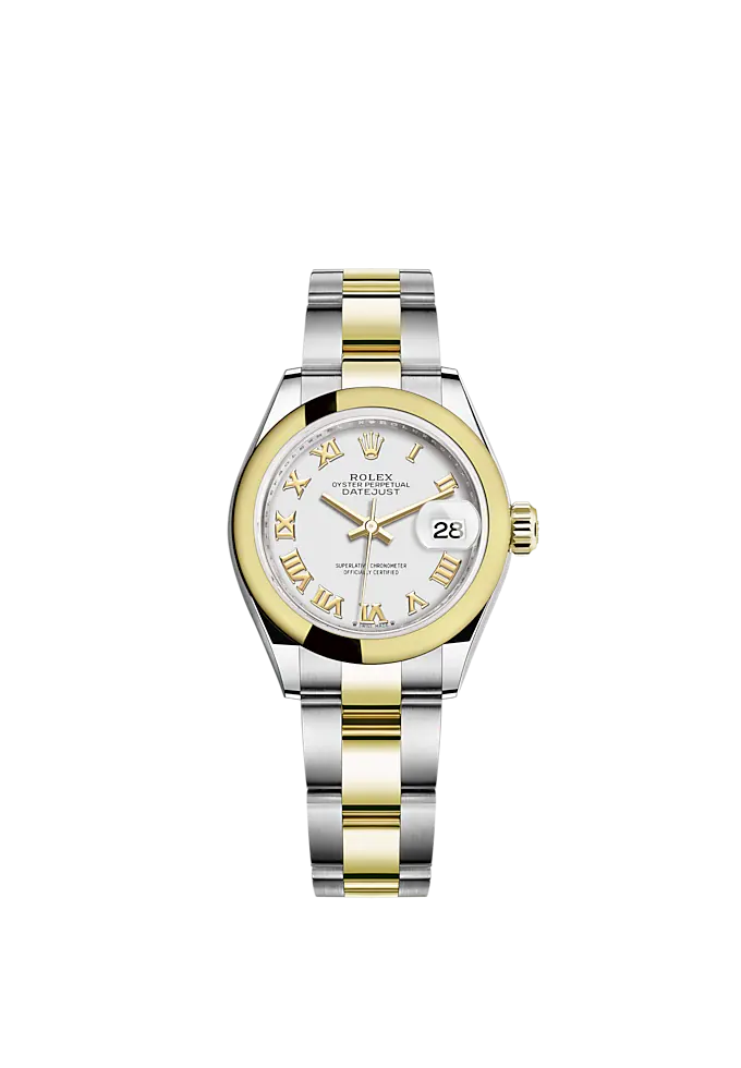 Lady-DateJust 28mm Oyster Oystersteel Bracelet and Yellow Gold with White Dial Domed Bezel