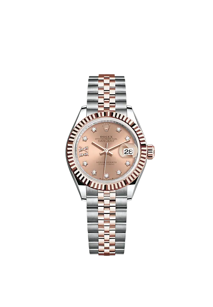 Lady-DateJust 28mm Oystersteel Jubilee Bracelet and Everose Gold with Rosé-Colour Dial Diamond-Set Dial Fluted Bezel