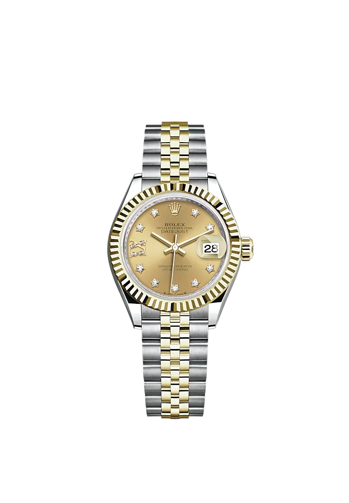 Lady-DateJust 28mm Oystersteel Jubilee Bracelet and Yellow Gold with Champagne-Colour Dial Diamond-Set Dial and Fluted Bezel