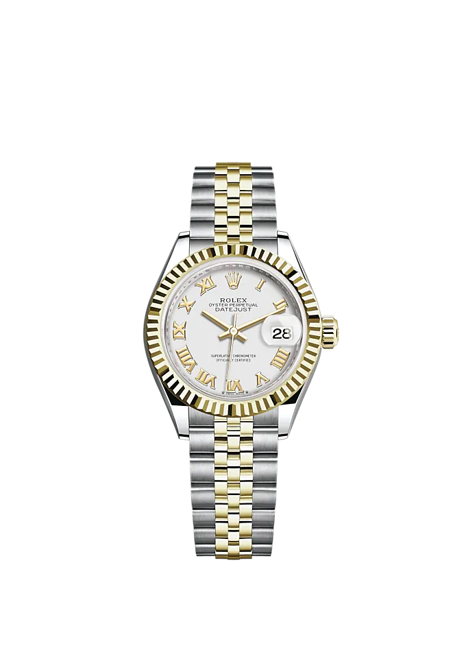 Lady-DateJust 28mm Oystersteel Jubilee Bracelet and Yellow Gold with White Dial and Fluted Bezel