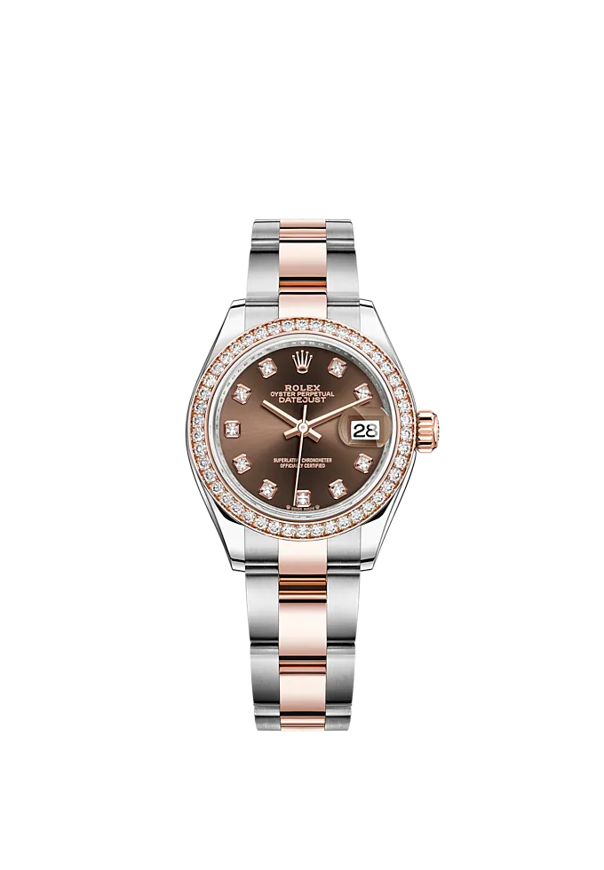 Lady-DateJust 28mm Oyster Oystersteel Bracelet and Everose Gold with Chocolate Diamond-Set Dial and Diamond-Set Bezel
