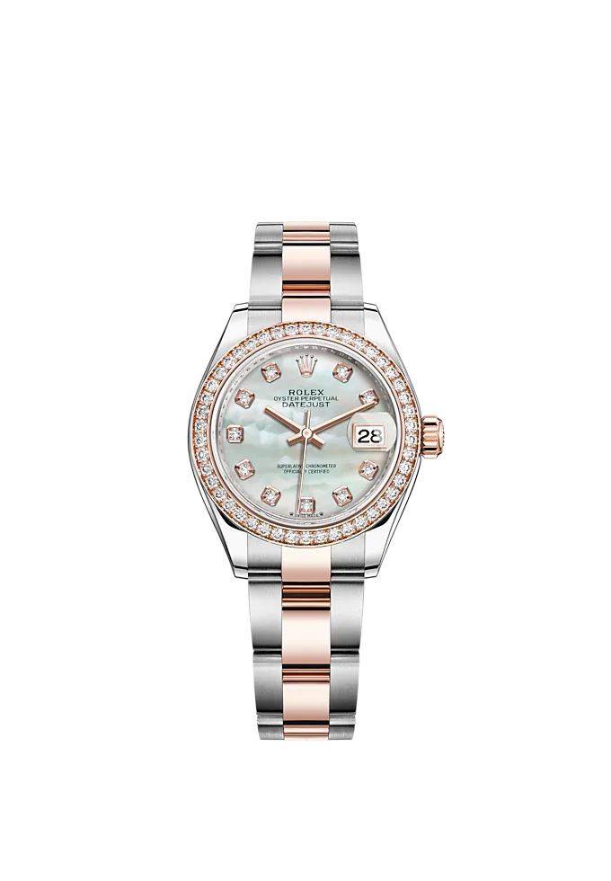 Lady-DateJust 28mm Oyster Oystersteel Bracelet and Everose Gold with White Mother-of-Pearl Dial Diamond-Set Dial and Diamond-Set Bezel