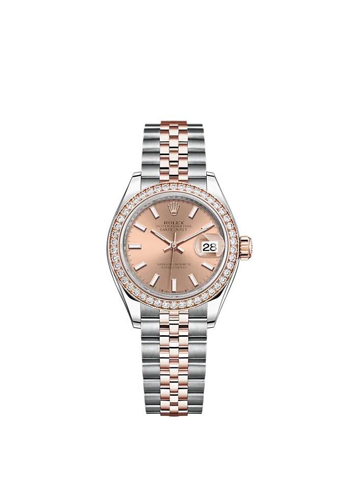 Lady-DateJust 28mm Oystersteel Jubilee Bracelet and Everose Gold with Rosé-Colour Dial Diamond-Set Bezel