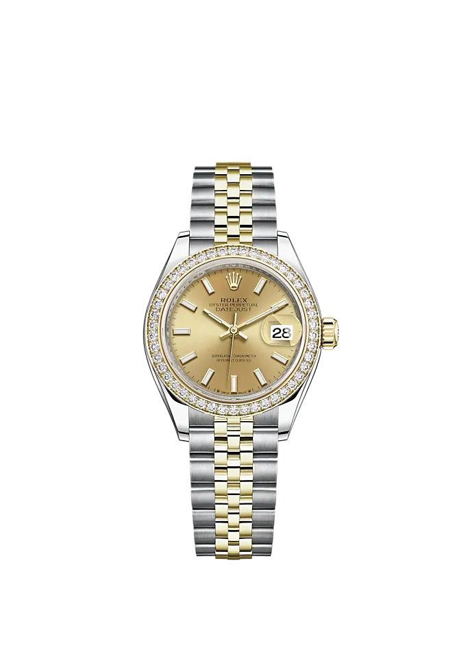 Lady-DateJust 28mm Oystersteel Jubilee Bracelet and Yellow Gold with Champagne-Colour Dial Diamond-Set Bezel