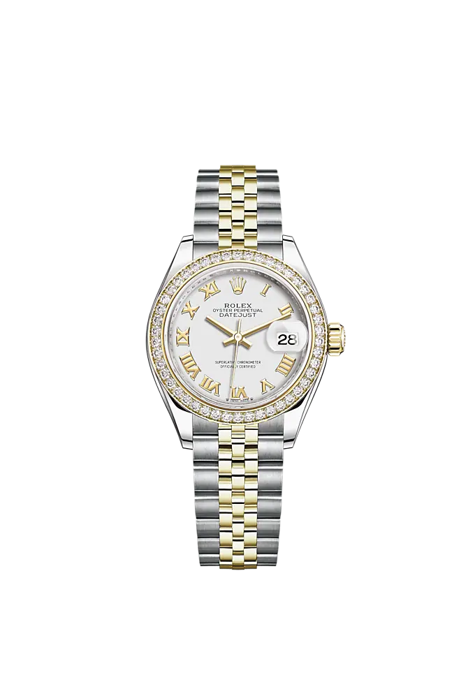 Lady-DateJust 28mm Oystersteel Jubilee Bracelet and Yellow Gold with White Dial Diamond-Set Bezel