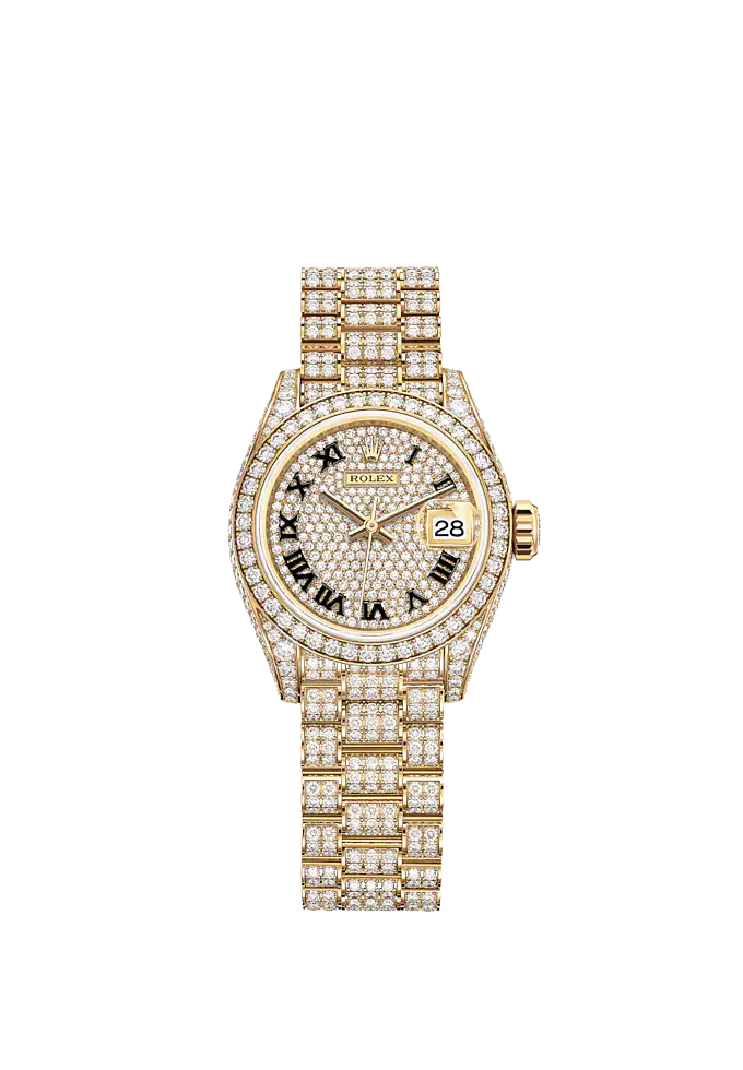 Lady-DateJust 28mm Diamond-Set President Bracelet and 18 KT Yellow Gold with Diamond-Paved Dial and Diamond-Set Bezel