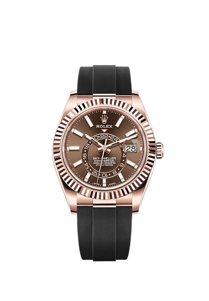 Sky-Dweller 42mm Oysterflex Bracelet and 18 CT Everose Gold with Chocolate Dial Fluted Bezel