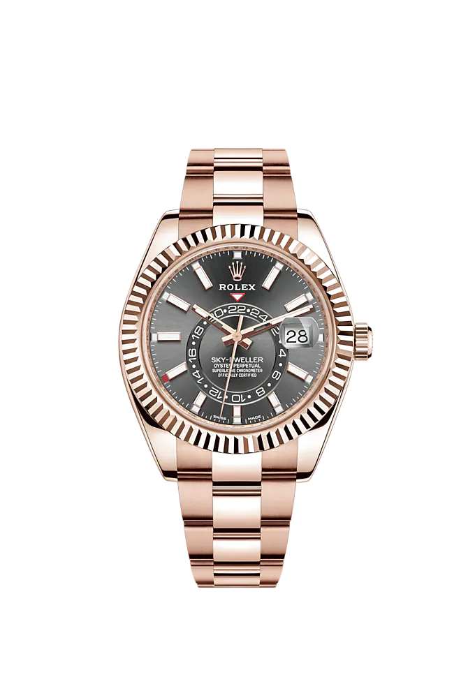 Sky-Dweller 42mm Oyster Bracelet and 18 CT Everose Gold with Slate Dial Fluted Bezel