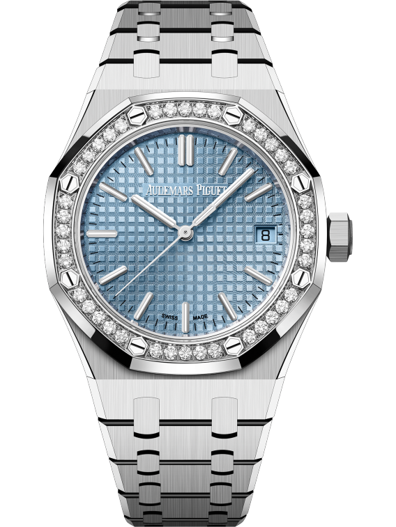 Royal Oak Selfwinding 50th Anniversary 37MM Stainless Steel Bracelet Light Blue Dial With Grande Tapisserie Pattern Stainless Steel Case Bezel Set With Brilliant-Cut Diamonds