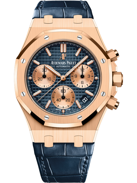 Royal Oak Selfwinding Chronograph 41MM Blue Alligator Strap Blue Dial With Grande Tapisserie Pattern 18-Carat Pink Gold Case