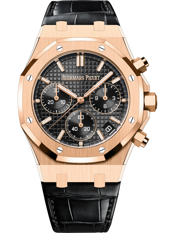 Royal Oak Selfwinding Chronograph 50th Anniversary 41MM Black Alligator Strap Black Dial With Grande Tapisserie Pattern 18-Carat Pink Gold Case