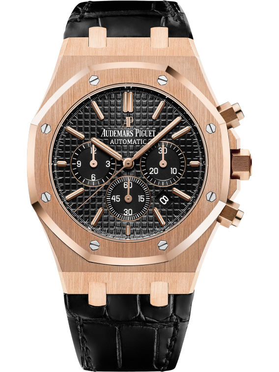 Royal Oak Chronograph 41MM Black Alligator Strap Black Dial With Grande Tapisserie Pattern 18-Carat Pink Gold Case