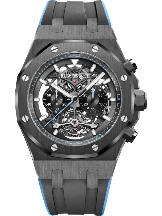 Royal Oak Tourbillon Chronograph Openworked 44MM Two-Tone Black and Blue Rubber Strap Openworked Satin-Brushed Black Dial Black Ceramic Case