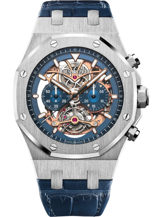 Royal Oak Tourbillon Chronograph Openworked 44MM Blue Alligator Strap Openworked Blue Dial 950 Platinum Case