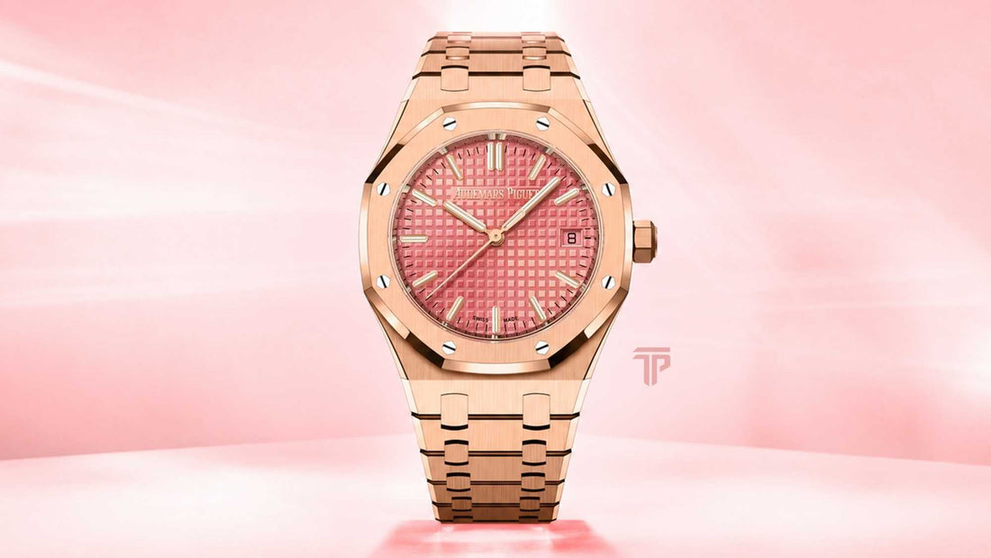 Rihanna's Pink AP Royal Oak in rose gold with a pink Grande Tapisserie dial worn during a casual street style appearance