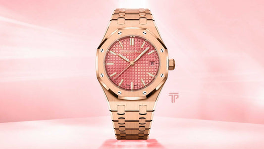 Rihanna's Pink AP Royal Oak in rose gold with a pink Grande Tapisserie dial worn during a casual street style appearance