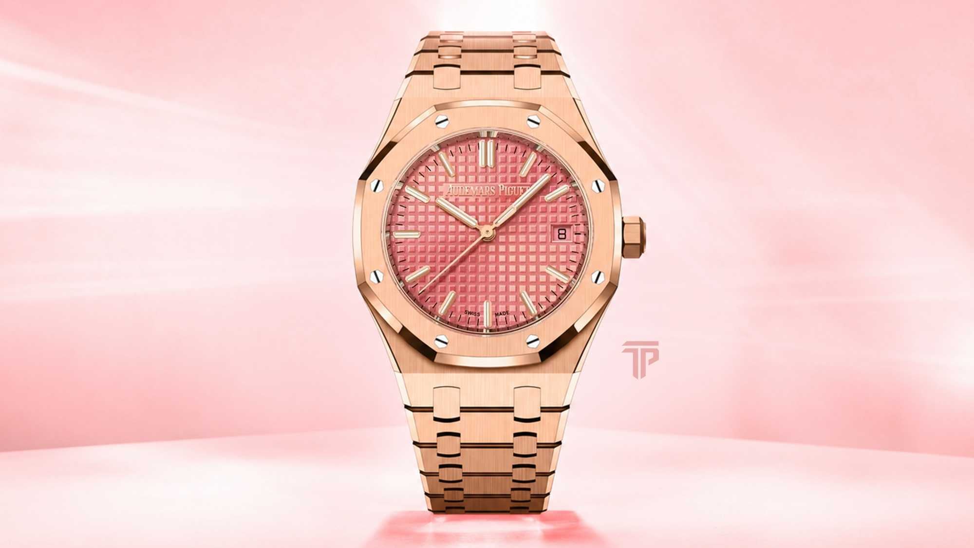Rihanna's Pink AP Royal Oak in rose gold with a pink Grande Tapisserie dial worn during a casual street style appearance