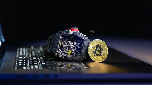 Richard Mille watch displayed next to Bitcoin coins for crypto payment