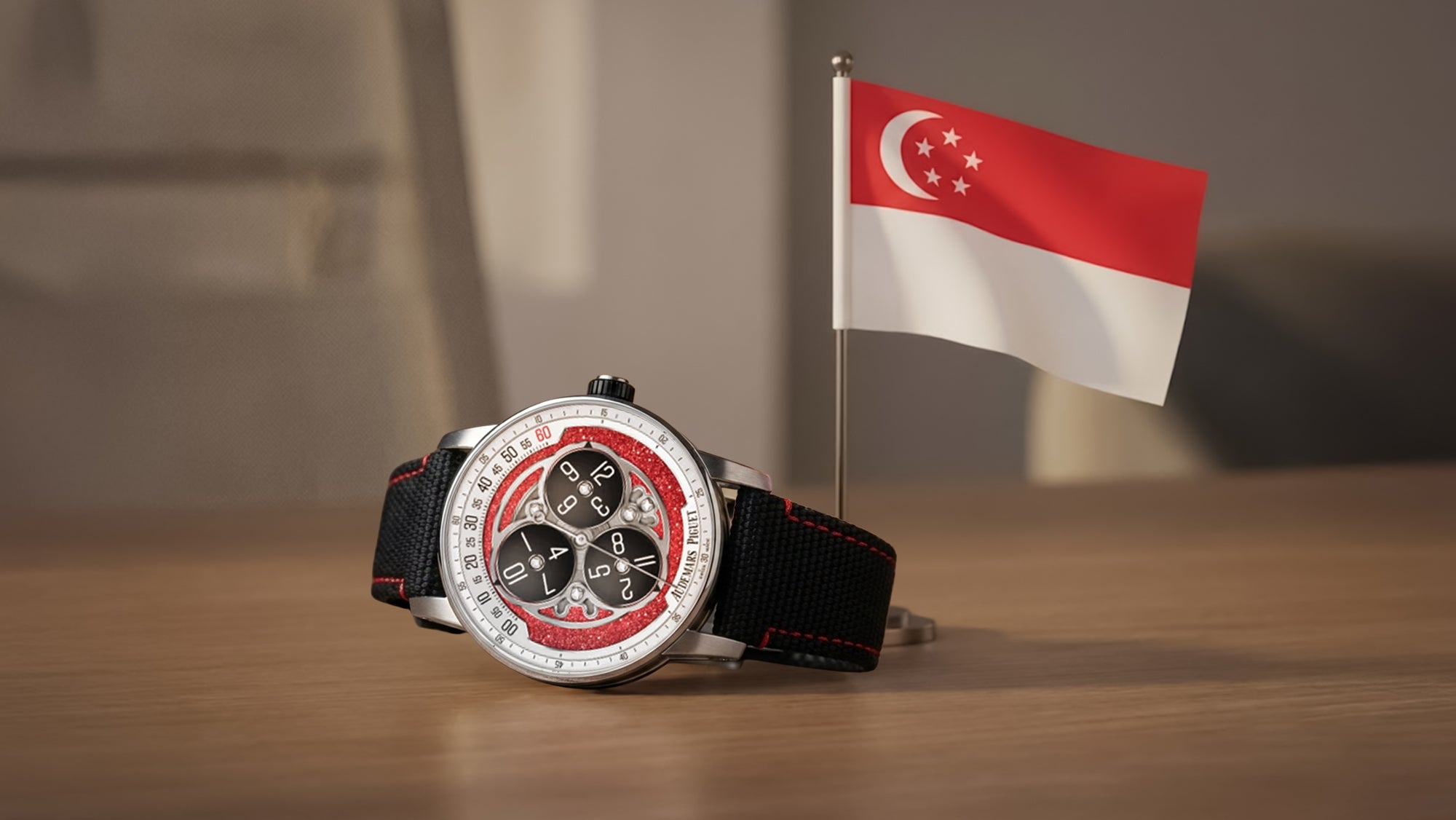 Audemars Piguet SG60 with bold red dial, steel case, and racing-inspired details, photographed on wrist in natural light