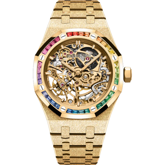 Royal Oak Frosted Gold Double Balance Wheel Openworked 37MM Hammered 18-Carat Yellow Gold Bracelet Yellow Gold-Toned Openworked Dial Hammered 18-Carat Yellow Gold Case