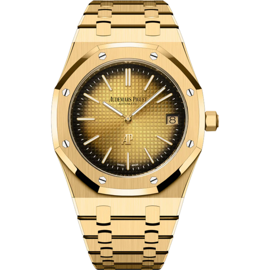 Royal Oak Jumbo Extra-Thin 50th Anniversary 39MM 18-Carat Yellow Gold Bracelet Smoked Yellow Gold-Toned Dial With Petite Tapisserie Pattern 18-Carat Yellow Gold Case