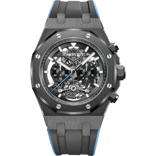 Royal Oak Tourbillon Chronograph Openworked 44MM Two-Tone Black and Blue Rubber Strap Openworked Satin-Brushed Black Dial Black Ceramic Case